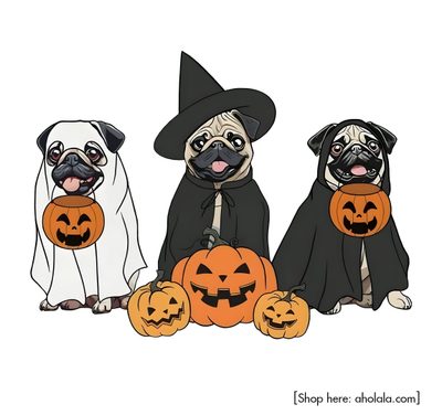 three pug dogs dressed up as witches and pumpkins with faces carved into them Halloween Pug Halloween Stickers, Halloween Pug Images, Dogs, Halloween, Tattoo Designs, Pug, white