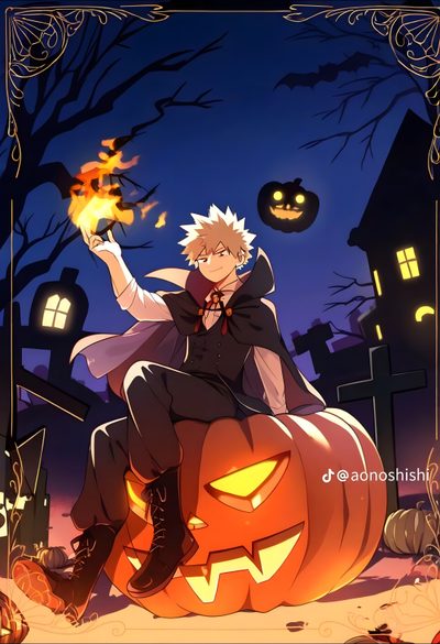 an anime character sitting on top of a pumpkin in front of a house at night Bakugou Halloween Cute Mha Halloween, My Hero Academia Pumpkin, Bakugou Pumpkin, dark slate gray