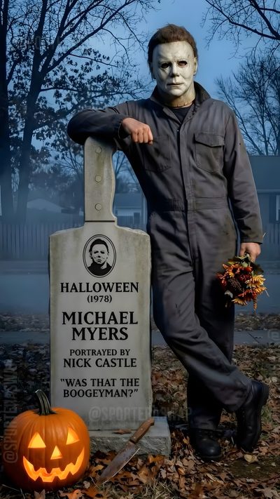 a man in a halloween costume standing next to a grave Halloween From Hollywood Movies Michael Mayers, Halloween Michael Myers, Michael Meyer, dark slate gray