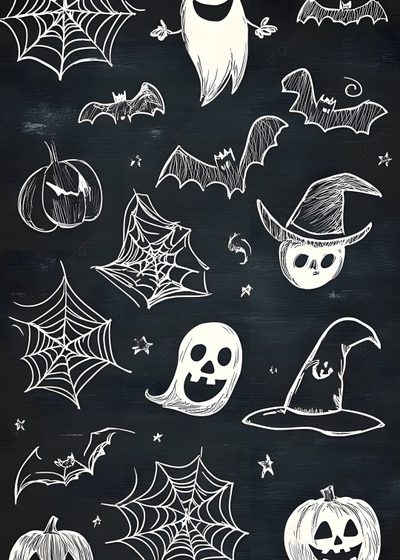 halloween chalkboard drawings with pumpkins, bats and ghost heads on black paper background Halloween Chalkboard Halloween Chalkboard, Christmas Window Painting, Chalkboard Lettering, dark slate gray