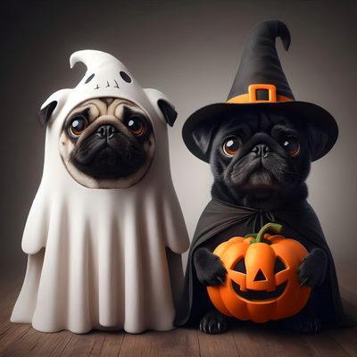 two pug dogs dressed up as witches and pumpkins, standing next to each other Halloween Pug Iphone Mops, Pug Halloween, Puppies, Black Pug With Thanksgiving Pumpkin, dark slate gray