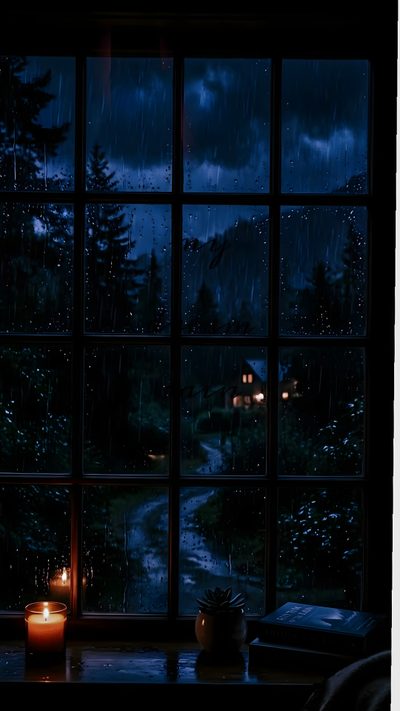 a candle is lit in front of an open window with a view of the rain outside Rainy Halloween Night Sky Phone, black