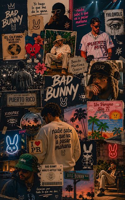 a man standing in front of a wall covered with posters and signs that read bad bunny Bad Bunny Halloween Bad Bunnt, Bad Bunny Iphone, Bad Bunny Lockscreen, Bad Bunny Aesthetic, black