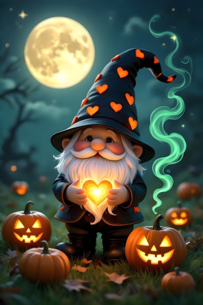 a gnome holding a heart in front of some pumpkins and a full moon behind him Halloween Gnomes Telephone, Happy Halloween Gif, Gnome, Happy Halloween Pictures, dark slate gray