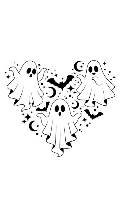 three ghost stickers in the shape of a heart with stars and bats on it White Halloween Spooky Scary, Halloween Design Ideas, Aesthetic Ghost Coloring Pages,