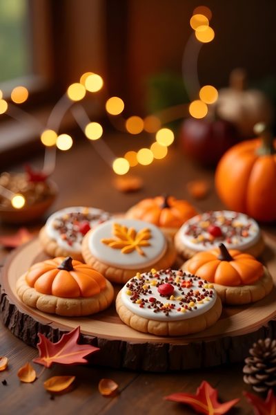 pumpkin decorated cookies on a wooden platter surrounded by fall leaves and lights in the background Halloween Cookie Autumn-themed Cookies Collection, Cookie Autumn, Pumpkin Fall Cookies, saddle brown