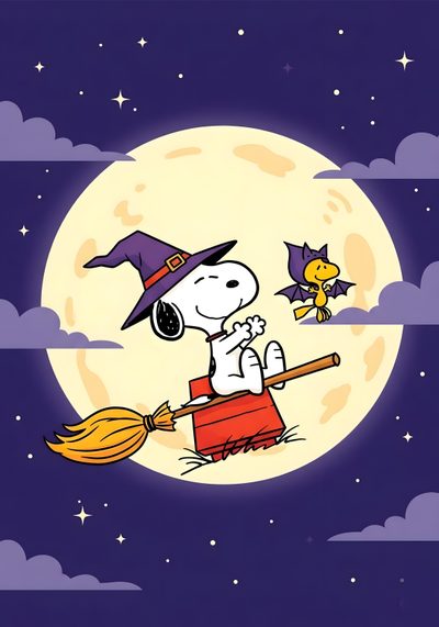 a cartoon dog on a broom flying in the sky Woodstock Halloween Cute Halloween Snoopy, Peanuts Halloween, Snoopy Halloween Iphone, midnight blue