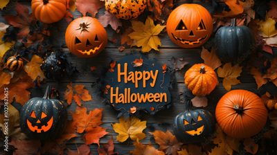 halloween pumpkins and leaves on a wooden surface with the words happy halloween written in it Happy Halloween 4k Halloween Greetings, Halloween Festival, Halloween Looks, Autumn Leaves, dark olive green