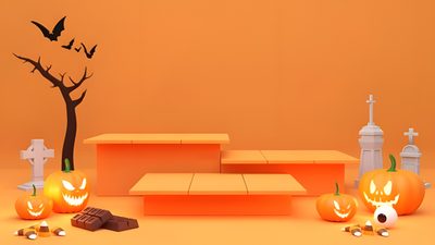 an orange halloween scene with pumpkins and jack - o'- lanterns Halloween Podium Halloween Podium, Orange Wooden Podium, Orange Background Halloween Decor, peru