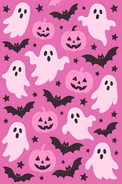 a pink background with black bats and ghost faces Pink Pastel Halloween Bats Pink Pastel Halloween Bats, Hot Pink Halloween, Cool For Your Phone,