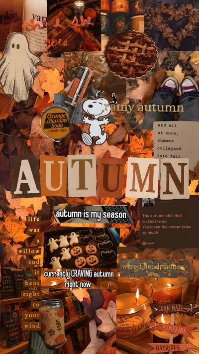 an autumn collage with pumpkins, candles and other items on it's surface Fall Halloween Aesthetic Iphone Fall I Phone, Fall Screen, Aesthetic Autumn Iphone, saddle brown