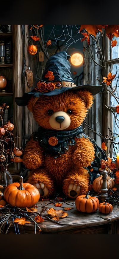 a teddy bear wearing a witches hat and scarf sitting on a table with pumpkins Teddy Bear Halloween Halloween Bear, Teddy Bear Halloween Background, Autumn Teddy Bear With Pumpkin, black