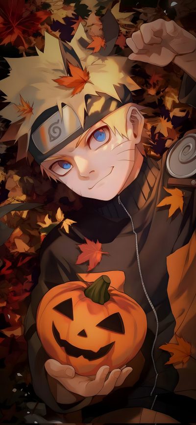 a young boy holding a jack - o'- lantern in front of fall leaves Halloween Naruto Naruto Pumpkin, Bakugou Halloween, Naruto Christmas, Naruto Thanksgiving, saddle brown