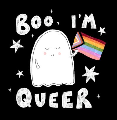 a white ghost holding a rainbow flag with the words boo i'm queen on it Gay Halloween Gay Halloween, Spooky Pride, Halloween Pride, Lgbtq Halloween, Pride Halloween, black
