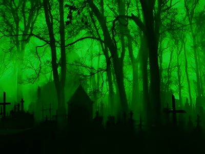 a cemetery in the woods is lit up green Green Halloween Desktop Phantom Green, Scary Green Background, Green Scene, Green Scary Background,