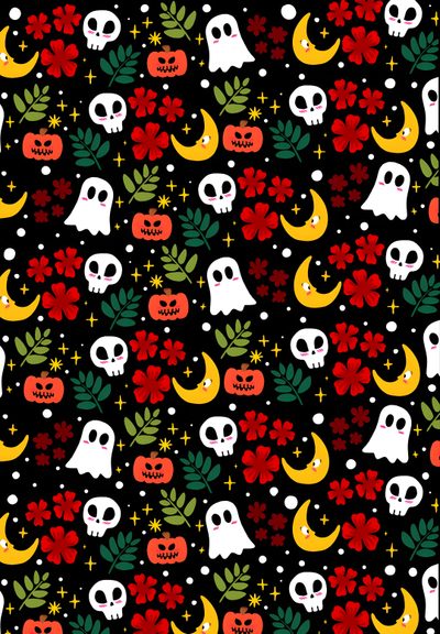 a black background with skulls, flowers and pumpkins in the shape of moon faces Aesthetic Halloween Elements Create Drawing, Halloween Drawings, Seamless Paper, Halloween, black