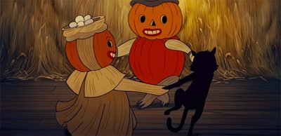 two pumpkins and a black cat on a street Halloween Laptop Gif Fall Gifs, Over The Garden Wall Halloween, Over The Garden Wall Autumn, dark olive green