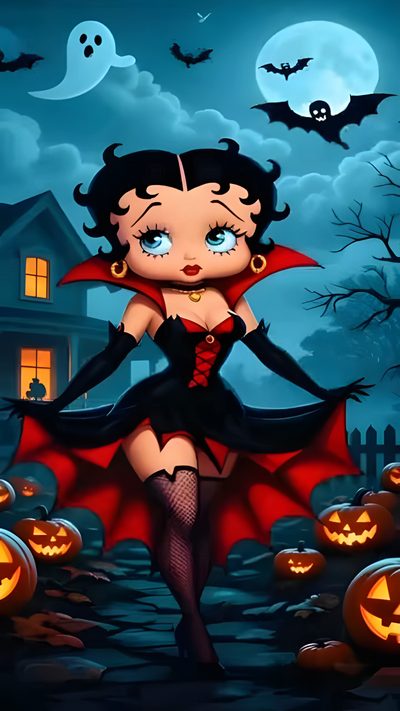 a cartoon girl dressed as a vampire with pumpkins in the background Betty Boop Halloween Boop Gif, Betty Boop Halloween, Hood, Alternative Disney, dark slate gray
