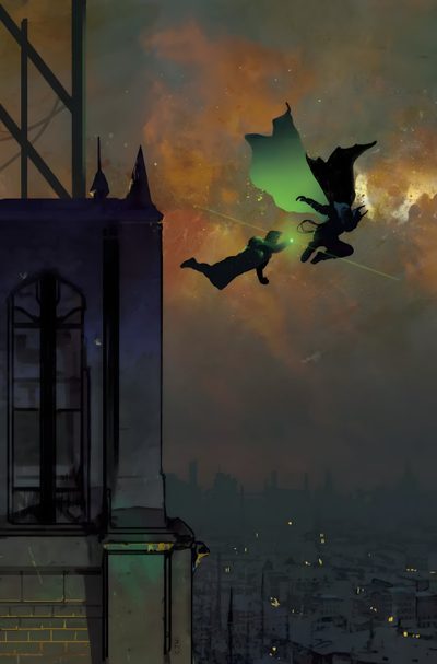 two people are flying in the air over a city at night with green lights on them Batman The Long Halloween 2 Gotham Comic, Batman Scarecrow, Scarecrow Batman Background, dark slate gray