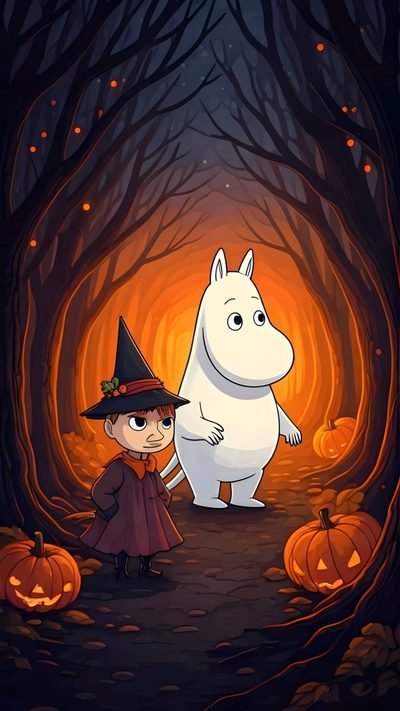 "Moomintroll and Snufkin in Spooky Halloween Woods" 🎃 Digital FanArt Wallpaper Design Movie and TV Alternative Inspired Artwork Digital Art Design #movie #tv #artwork #alternative #digitalartwork #aiart #inspired #anime #surreal #claymation  #wallpaper #dune #matrix #starwars #beetlejuice #lostboys #backtothefuture #johnwick #fashion #judgedredd #jamesbond #007 #art #sciencefiction #horror #planetofttheapes #edward #moomins Moomin And Little My, Studio Ghibli Halloween Wallpaper, Spooky Moose Background, Ghibli Halloween Wallpaper, Halloween Cartoons Wallpaper, Moomin Halloween, Moomin Halloween Wallpaper, Moomin Background Wallpaper, Moomin Autumn Moomin Halloween Moomin And Little My, Studio Ghibli Halloween, Spooky Moose Background, black