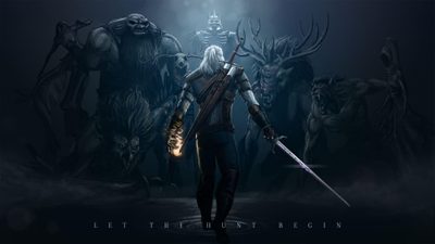 an image of a man holding two swords in front of many demonic creatures on a dark background Witcher Halloween Witcher 3 8k Background, Witcher Desktop, The Witcher Laptop, The Witcher 3 1920x1080, black