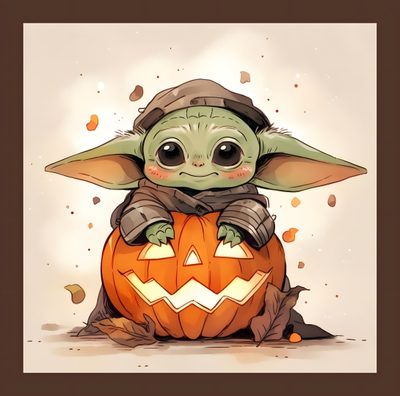 a baby yoda sitting on top of a pumpkin Baby Yoda Halloween Yoda Pumpkin, Star Wars Halloween Drawing, Star Wars Thanksgiving, burlywood