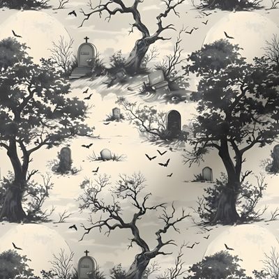 a black and white wallpaper with trees, tombstones and bats in the background Halloween Toile Halloween Toile, Vintage Witch, Toile De Jouy, Custom Fabric, Vintage Shops, Witch, dark gray