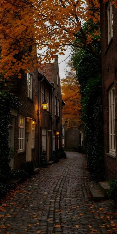 a cobblestone street lined with brick buildings and trees in fall colors on either side Autumn Halloween 4k Fall Pictures, Autumn Magic, Cozy Street In Autumn, black
