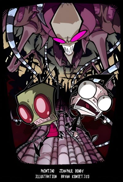 two cartoon characters in front of a black background Invader Zim Halloween Zim Poster, Invader Zim The Movie, The Massive Invader Zim, dark slate gray