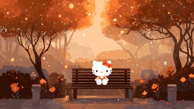 a hello kitty sitting on top of a wooden bench in the middle of a park Hello Kitty 4k Halloween Halloween Google, Cute Fall Laptop, Cute Autumn Computer, sienna