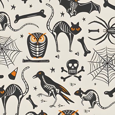 halloween seamless pattern with skeletons and cats Halloween X-ray - Tan & Black Creepy Halloween Fabric Design, Halloween X-ray - Tan & Black, Halloween Themed Textile Print, gainsboro