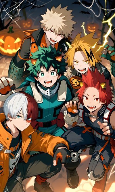 anime characters with pumpkins in the background My Hero Academia Halloween Mha Fall, Mha Boys Fanart, Mha Thanksgiving, dark olive green