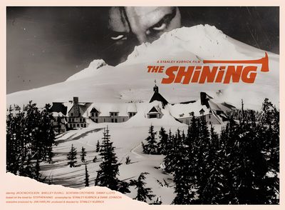 a movie poster for the shining with an image of a man's face in front of snow covered mountains The Shining Laptop Halloween The Shining Postcard, Opening Of The Shining, The Shining Saul Bass, gray