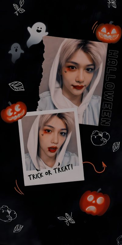two pictures of the same person with halloween makeup Felix Halloween K Pop Halloween, Stray Kids Halloween, Stray Kids Fall, Stray Kids Pumpkin Carving, black