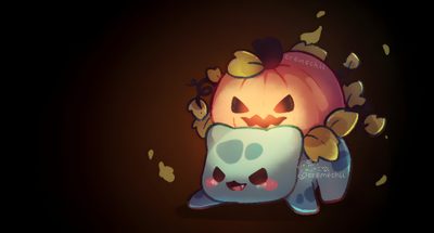 a cartoon pumpkin sitting on top of a pillow Halloween Bulbasaur Halloween Bulbasaur, Pokemon Pfp Halloween, Pumpkin Pokemon, Cute Ghost Pokemon, black