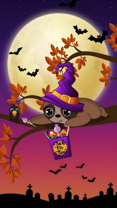 a cartoon bat with a trick in its hand Halloween Sloth Halloween Sloth, Spooky Halloween Pictures, Sloth Background, Sloth Ideas, brown