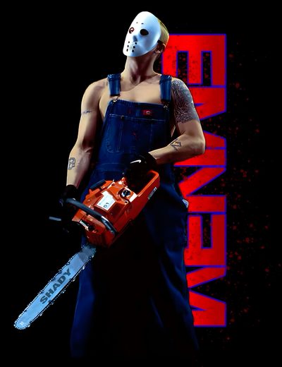 a man in overalls holding a chainsaw and wearing a mask on his face Eminem Halloween Eminem Horror, Doberman Colors, Eminem Jason Outfit, Eminem Jason Mask Concert, black
