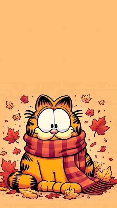 a cartoon cat wearing a scarf sitting in leaves Garfield Halloween Garfield Iphone, Garfield, Garfield Fall, Sinchan, Cute Background Garfield, sandy brown