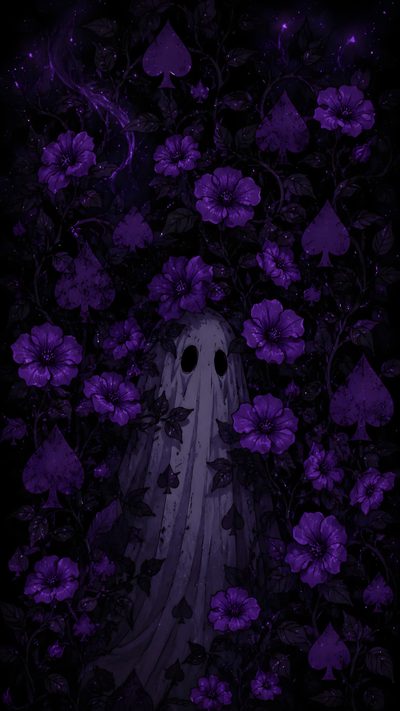 a painting of a ghost surrounded by purple flowers Cute Halloween Purple Ghost Spooky Ghoul, Mystical Iphone, Horror Aesthetic, Dark Phone Backgrounds, black