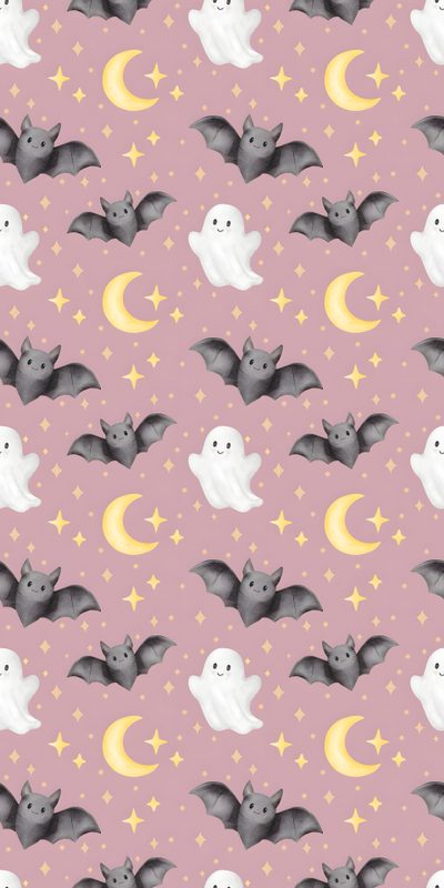 a pattern with bats and stars on a pink background that is very similar to the moon Halloween Pastel Bats On Black-small Bat Pattern, Pink Halloween, Halloween Patterns, Pink Watercolor, silver