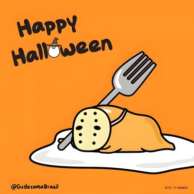 an orange halloween card with a fork sticking out of it's head and the words happy halloween written in black Gudetama Halloween Gudetama Halloween, Hello Kitty And Gudetama, Gudetama And Hello Kitty, dark orange