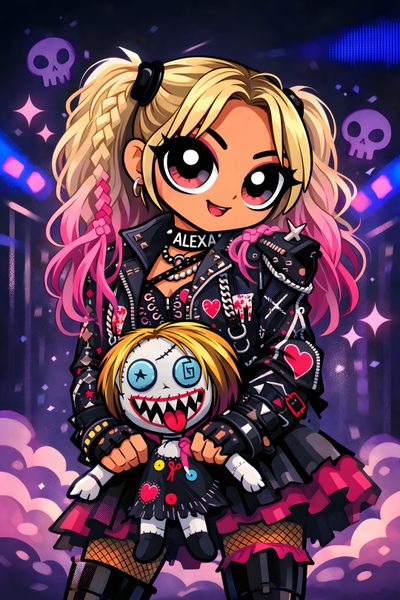 a girl with pink hair holding a doll in her hands and wearing goth clothes, Wwe Halloween Hello Kitty Wwe, Wwe Logos, Wwe Rhea Ripley, Cool Little Drawings, Alexa Bliss, dark slate gray