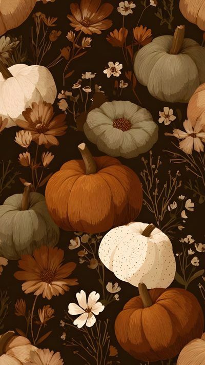 a painting of pumpkins and flowers on a black background Halloween Botanical Autumn Art, Pumpkin Iphone, Fall I Phone, Pumpkin Aesthetic, saddle brown