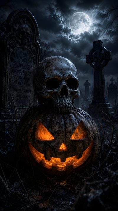 a skull sitting on top of a carved pumpkin in front of a cemetery at night Halloween For Men Halloween Phone, Horror Background, Gothic Background, Spooky Background, Pumpkin, black