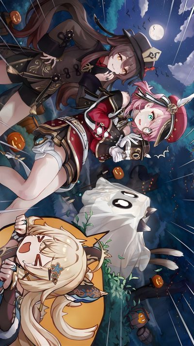 two anime characters standing next to each other in front of a sky full of stars Halloween Genshin Fall Genshin, Zhongli And Hu Tao, Halloween Genshin, dark slate gray