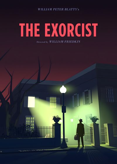 the exorcrist movie poster with a man standing in front of a house Exorcist Halloween Classic Film Art Design, Halloween Decoration Ideas, Horror Movie Night Inspiration, black