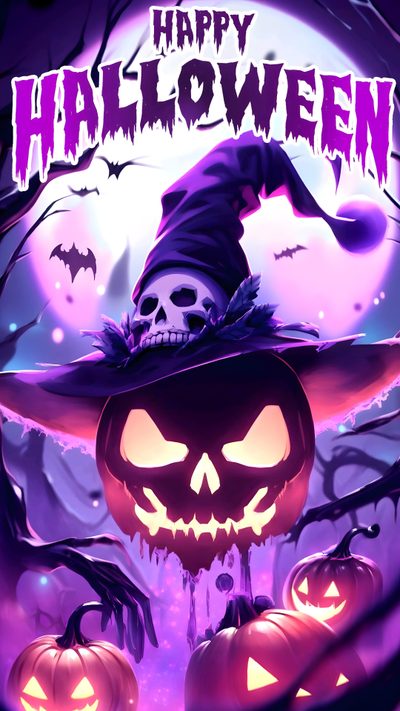 a halloween poster with pumpkins, jack - o - lanterns and a witch's hat Happy Halloween Spirit Halloween Halloween Hd, Halloween Image, Halloween Pics, dark orchid