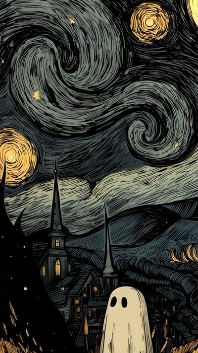 a painting of a ghost in front of a starry night sky with buildings and trees Van Gogh Halloween Cartoon, Dark, Pretty Backgrounds, Arte Van Gogh, Abstract Art, Artistic, dark slate gray