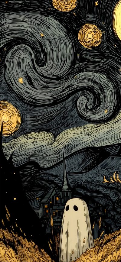 an image of a ghost in the middle of a field with stars and clouds above it Halloween Starry Night Cartoon, Dark, Pretty Backgrounds, Arte Van Gogh, Abstract Art, Artistic, black