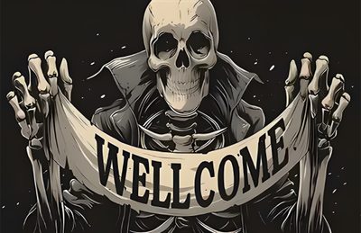 a skeleton holding up a welcome banner with the words welcome on it's side Halloween Skeleton Desktop Skeleton Laptop, Skeleton Chopper, Skeleton Desktop, Grim Reaper Banner, black